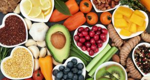 Assortment of heart healthy foods in heart shaped bowls