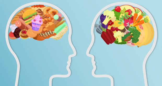 Illustration of two brains-one filled with healthy foods, the other with junk foods