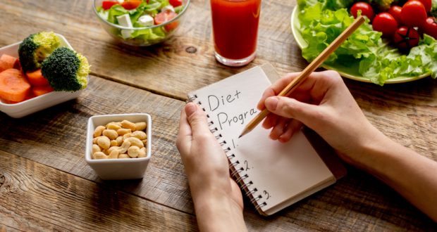 writing down diet plan in a notebook