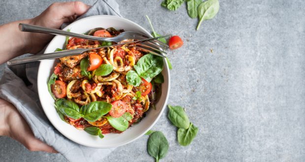 Bowl of zucchini noodles with tomatos