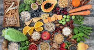 Selection of high-fiber foods on counter