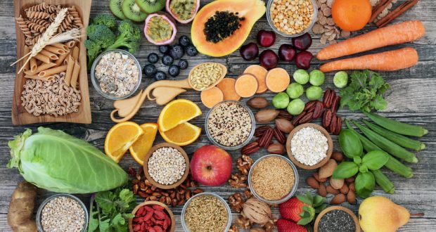 Selection of high-fiber foods on counter