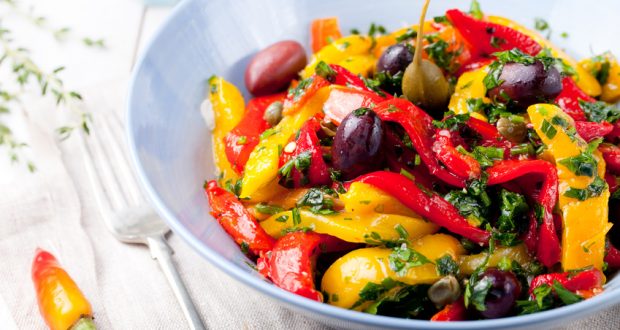 Roasted vegetable salad in white bowl