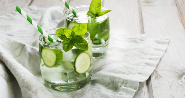 glasses of water with cucumber and mint