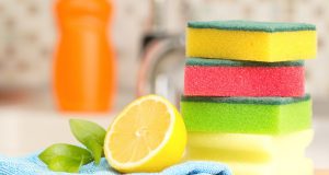 Stack of sponges on kitchen counter